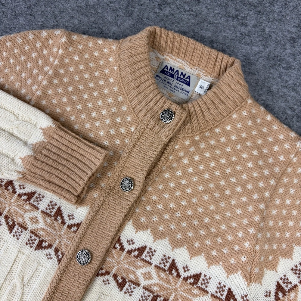 Vintage Amana Woolen Mills Sweater Cardigan Nordic Fair Isle 36 XS Orlon Acrylic